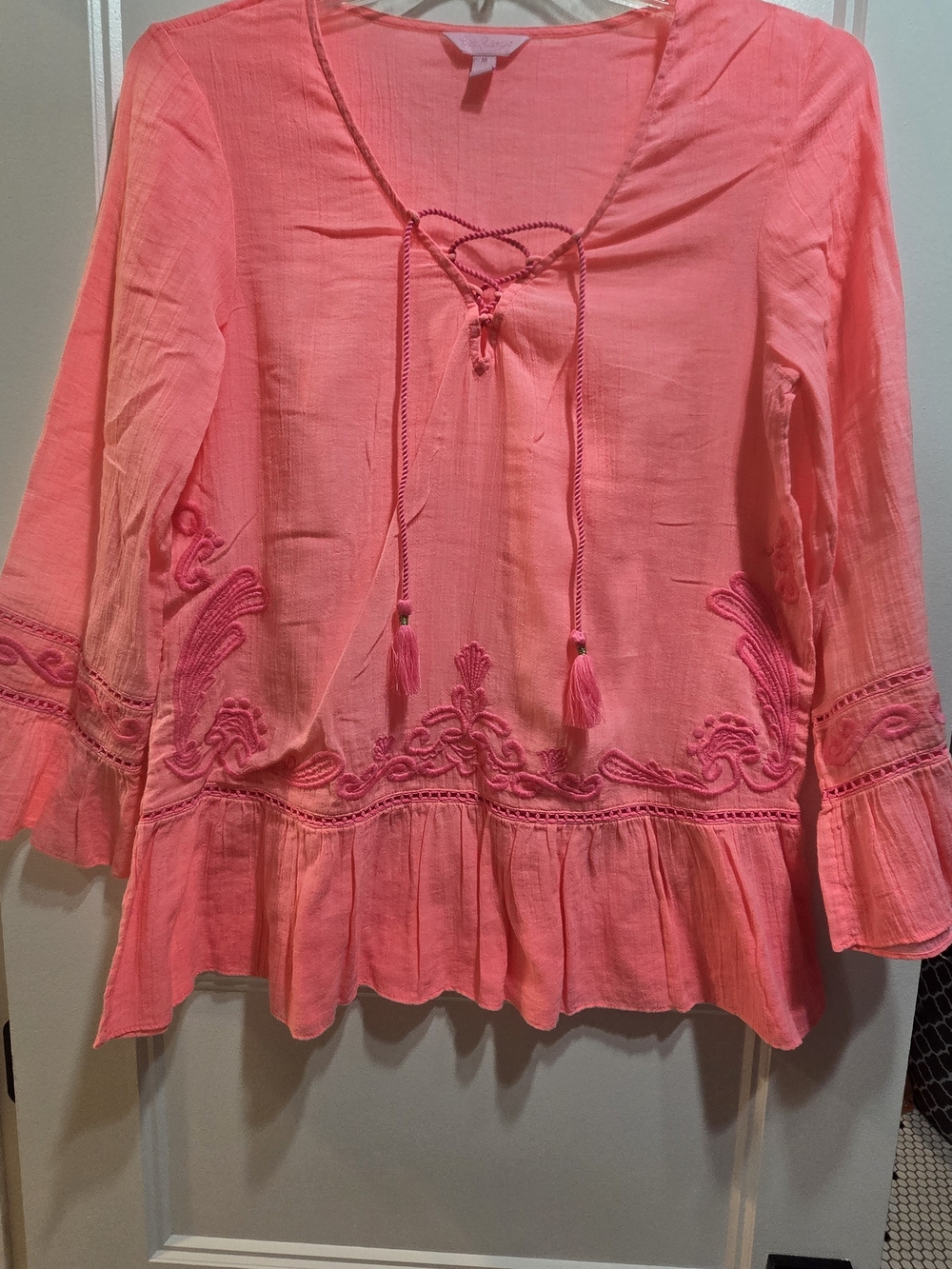 Lilly Pulitzer Coral Pink Embroidered Peasant Tunic Size M